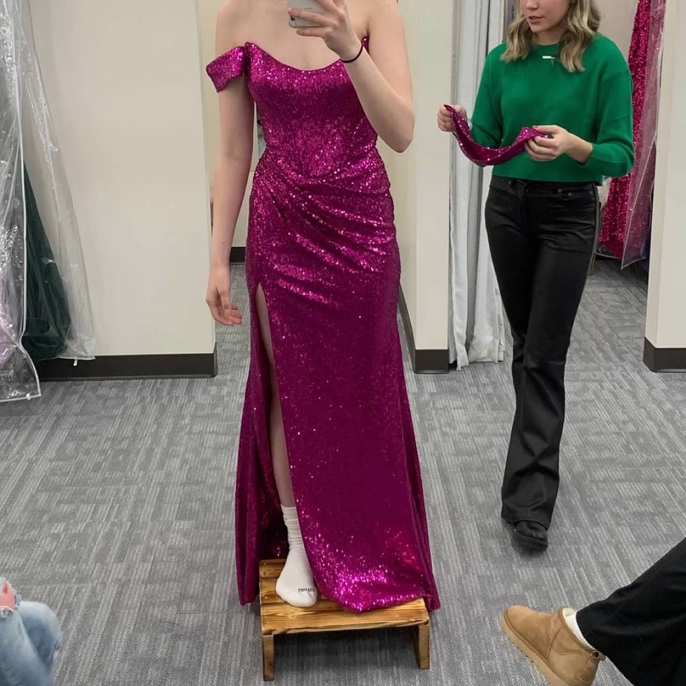 Sherri Hill Fuchsia Sequin Off-Shoulder Prom Dress